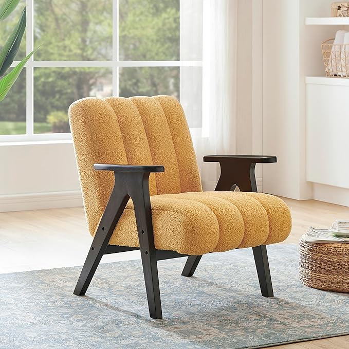 Roundhill Furniture Rella Modern Teddy Sherpa Accent Chair with Espresso Wood Frame Yellow