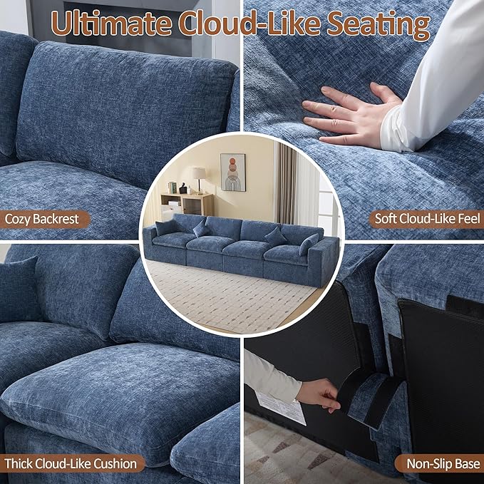 155''Cloud Boneless Sectional Couch Modular Sectional Sofa Deep Seat Oversized Upholstered Convertible Comfy 4 Seater Chenille Memory Foam Sofa Couches for Living Room Blue