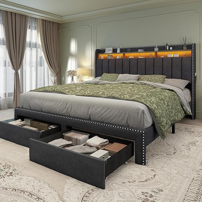 Torana Full LED Bed Frame with 2 Drawers Linen Upholstered Storage Wingback Headboard Beds Channel Tufted Platform Bedframe with Rivet Decor No Box Spring Needed Dark Grey