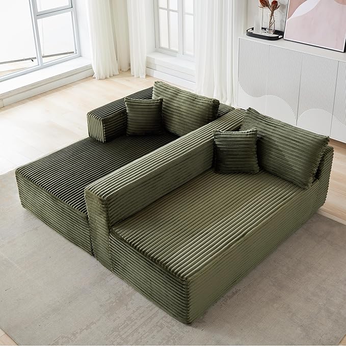 110” Cloud Sectional Couch with ChaiseOversized Modular Sofa with Deep Seat and Boneless DesignVacuum Compression Packed Corduroy Couch for Living Room BedroomNo Assembly RequiredGreen