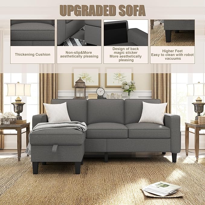 ZeeFu Couch for Living Room - 78'' Beige Linen 3 Seat L-Shaped Sectional Sofa Couches with Storage Ottoman - Modern Small Space Upholstered Furniture Sofa Set for Office Small Space Apartment
