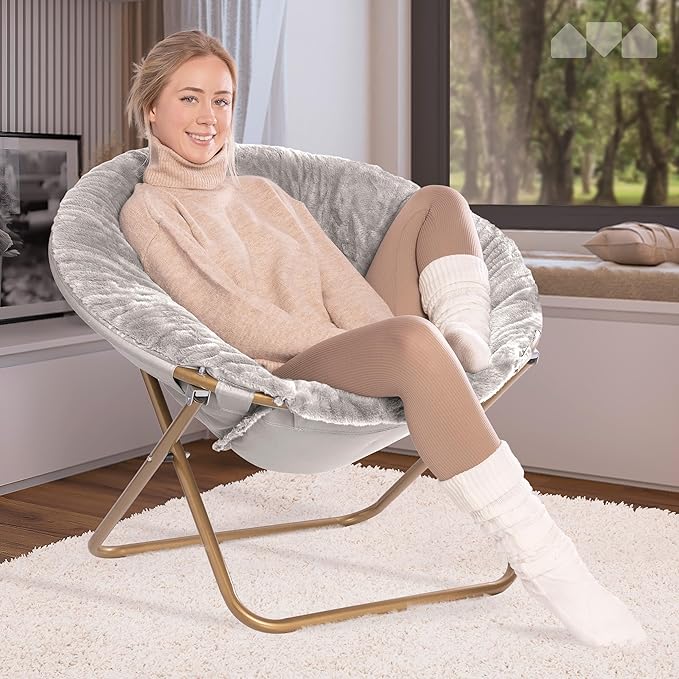 Milliard Saucer Chair for Adults Teens &amp Kids Light Grey Faux Fur XL Circle Chair for Bedroom Dorm &amp Gaming Foldable Comfy Accent Seat for Small Spaces Folding Moon/Mushroom/Round Style