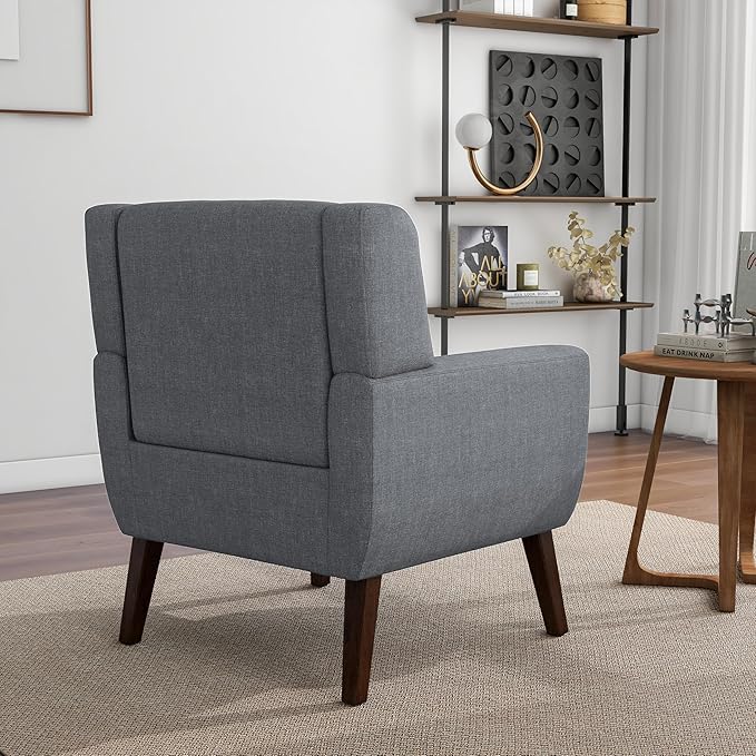 Accent Chair Mid-Century Modern Fabric Chairs with Arms for Living Room Comfy Upholstered Club Single Sofa Armchair for Bedroom Waiting Room with Solid Wood Frame (Fabric Grey Set of 2)