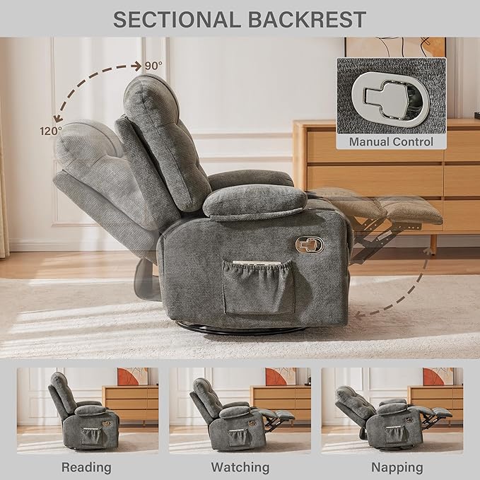 Manual 360°Swivel Rocker Recliner Chair Set of 2Single Recliner Seat with Cup HoldersRecliner Chairs for Adults Upholstered Fabric Lazy Boy Recliner for BedroomLiving RoomGrey