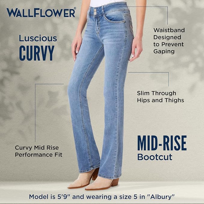 WallFlower Luscious Curvy Bootcut Jeans for Women Mid-Rise Insta Stretch Denim Size-Inclusive Juniors Jeans