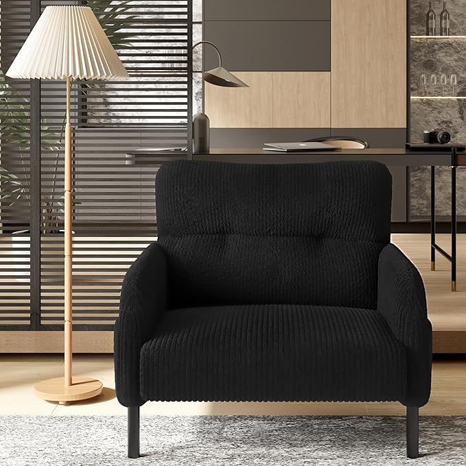 Black Accent Chair - Corduroy Living Room Chairs with Side Storage Pockets and Durable Legs Comfy Arm Reading Chair with Soft Backrest for Bedroom Balcony Study Room
