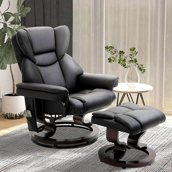 Massage Recliner Chair with Ottoman 10 Vibration Massage Points 360° Swivel Black Faux Leather Living Room Chair