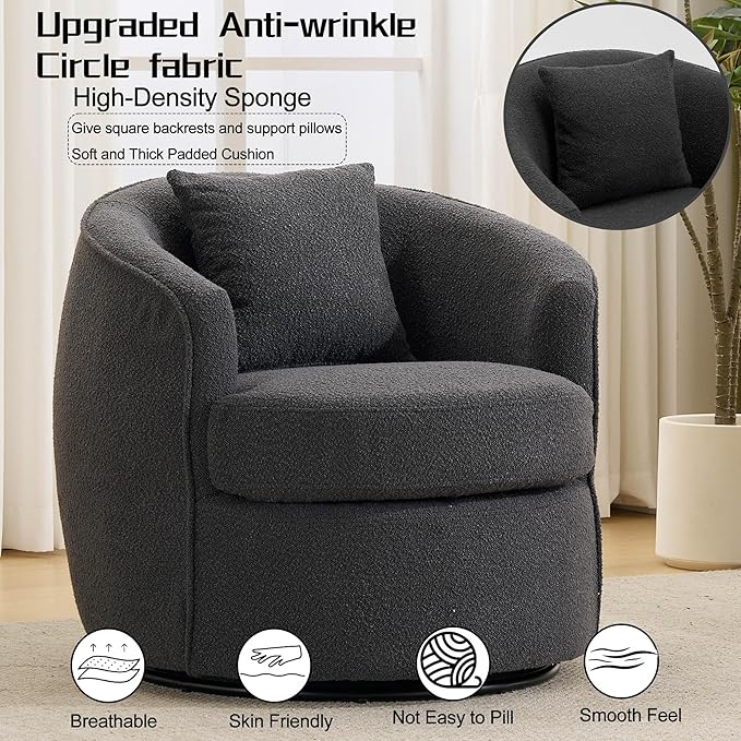 Swivel Barrel Chairs 32 Inches Wide No Assembly Round Upholstered Armchairs Accent Chairs Single Sofa Chair for Living Room (Dark Grey Set of 1)