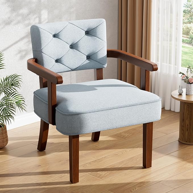 Modern Accent Chairs Set of 2Butacas para SalaMid Century Small Arm ChairUpholstered Wooden Chairs with Arm RestTufted BackrestCushion for OfficeWaiting/Reading/Living Room Light Blue
