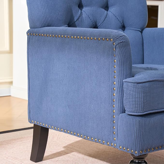 Mid Century Modern Beige Accent Chair with Arms Corduroy Upholstered Armchair with Nailhead Trim Tufted Club Chair &amp Single Sofa Chairs for Living Room Wood Frame &amp Rubber Wood Legs (Blue)