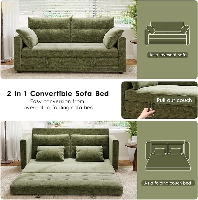 65 Convertible Folding Sofa Bed Pull Out Couch Love Seat Sleeper Bed Small Fold Out Loveseat Sleeper with Cup Holder and Pillow for Small Space Bedroom Lounge Dorm Living Room(Green)