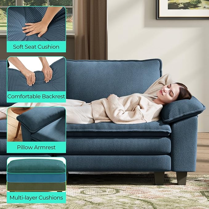 LINSY HOME 123'' Modular Sectional Sofa Blue Couch Corduroy Cloud Couches for Living Room L Shaped Couch with Movable Ottoman Modern Cloud Sectional Sofas for Bedroom and Apartment Blue