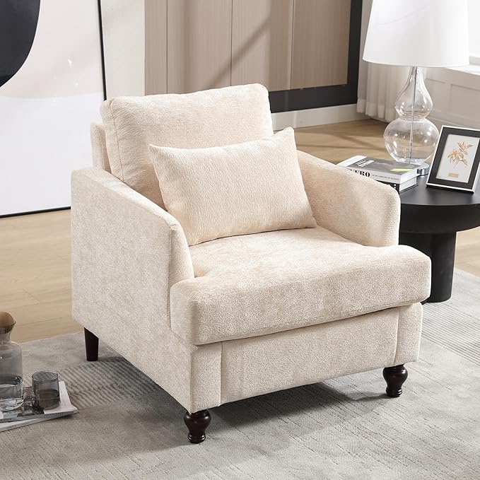 QQU Modern Upholstered Armchair Chenille Fabric Single Armchair with Cushions Living Room Lounge Chair Reading Chair with Solid Wood Frame Suitable for Bedroom Reception RoomBeige