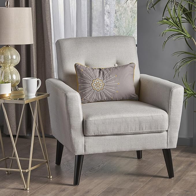 Christopher Knight Home Azhhc Vintage Club Chair Comfy Upholstered Fabric Living Room Accent Chair with Button Tufting Solid Birch Wood Legs for Living Room Office 34.5 H Light Gray