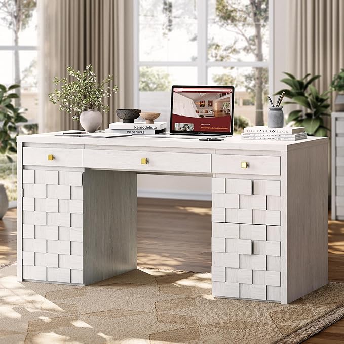 58 Executive Desk with Drawers Home Office Desk with Charging Station &amp Keyboard Tray Wood Office Desk with File Drawer &amp Storage Cabinet Modern Computer Writing Desk with Adjustable Shelf