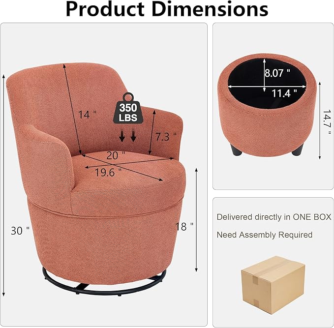 Swivel Accent Chair with Ottoman Fabric Small Barrel Chair with Footstool Modern Round Bedroom Chair for Living Room Orange