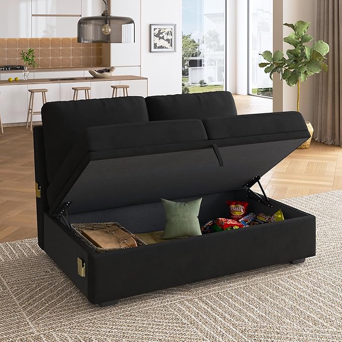 HONBAY Storage Loveseat for Modular Sleeper Sofa with Pull Out Bed Double Seat with Storage for Couch Bed Velvet Black