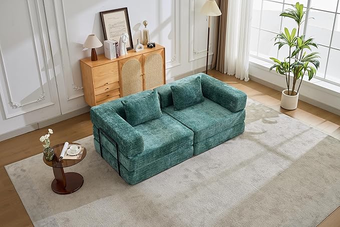 Convertible Floor Sofa Bed 3-Seat Modular Sectional Chenille Fabric No Assembly Required 118 inches Beige (2 Dark Green)