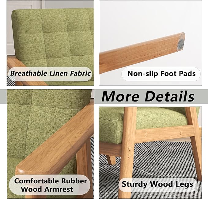 Modern Accent Chair with Wooden Table Upholstered Linen Fabric Leisure Side Chair with Arm Rest and Wooden Frame for Living Room Bedroom Reading (Green)