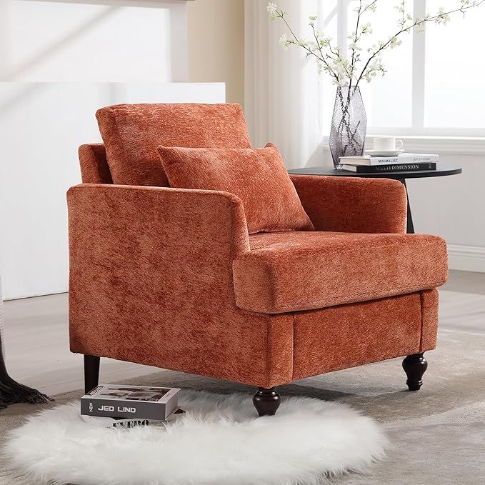Mid Century Modern Accent ChairsChenille Upholstered Armchair with Rubber Wooden LegsComfy Reading Chairs with Scooped Arms for Living RoomBedroom (Dark Orange)