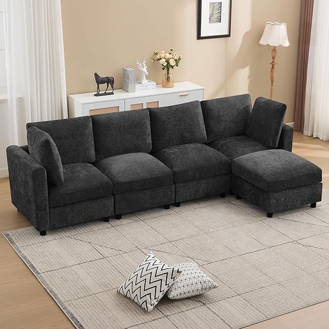 116'' 4-Seater Modular Sectional Cloud Sofa with Ottoman Convertible L-Shaped Couch for Living Room Modern Deep Seat Modular Sofa Chenille Dark Grey