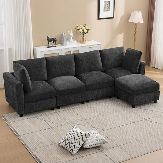 116'' 4-Seater Modular Sectional Cloud Sofa with Ottoman Convertible L-Shaped Couch for Living Room Modern Deep Seat Modular Sofa Chenille Dark Grey