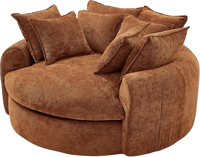 JUSTONE Oversized Round Chaise Lounge Chair 59.8-inch Modern Upholstered Chenille Cloud Chair Deep Seat Circle Floor Sofa for Living Room Bedroom Apartment Orange