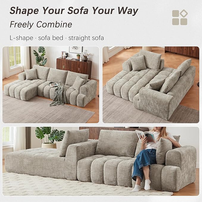 108 L-Shaped Sectional Sofa Compressed Boneless Cloud Couch with Left Chaise &amp Pillows Chenille Upholstered 4-Seater Modular Sofa for Living Room No Assembly Cream Khaki