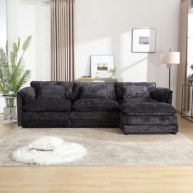KEIKI 112 L-Shaped Chenille Modular Sectional Chenille Sofa with 1 Movable Ottoman &amp Memory Foam Cushion Upholstered Oversized 4-Seater Couch Easy Assembly for Apartment Living Room Black