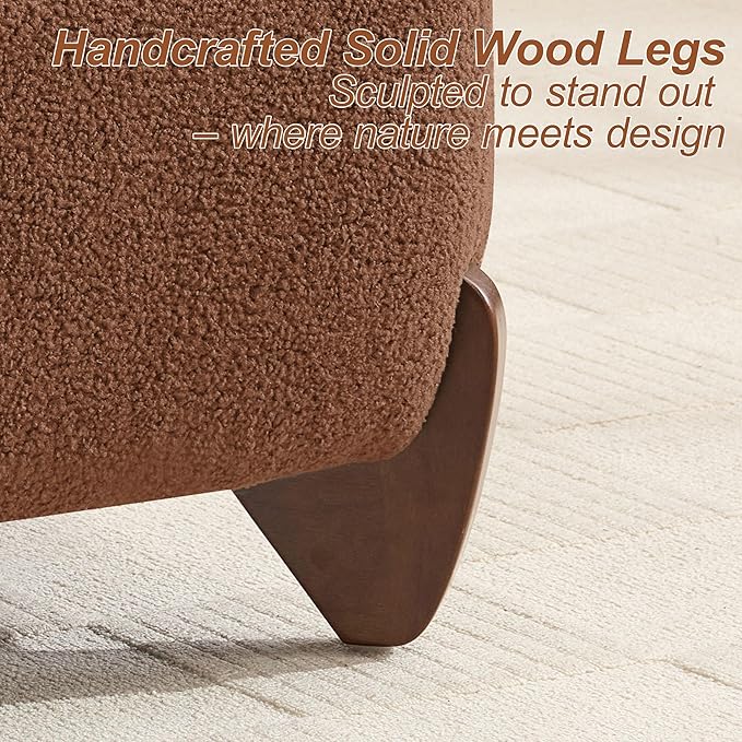 28.7 Sherpa Boucle Ottoman with Solid Wood Legs Modern Upholstered Footstool Comfy Ottoman for Living Room Bedroom Caramel