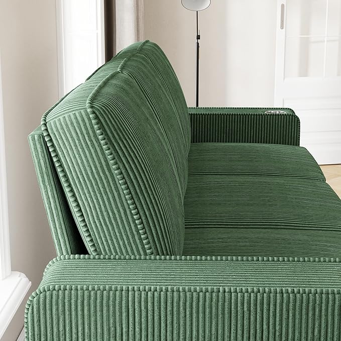 83.86 Corduroy 3-Seater Sofa with Extra Deep Seat Modern Cloud Couch with 2 Cup Holders Comfy Upholstered Sofa for Living Room Apartment &amp Office Green