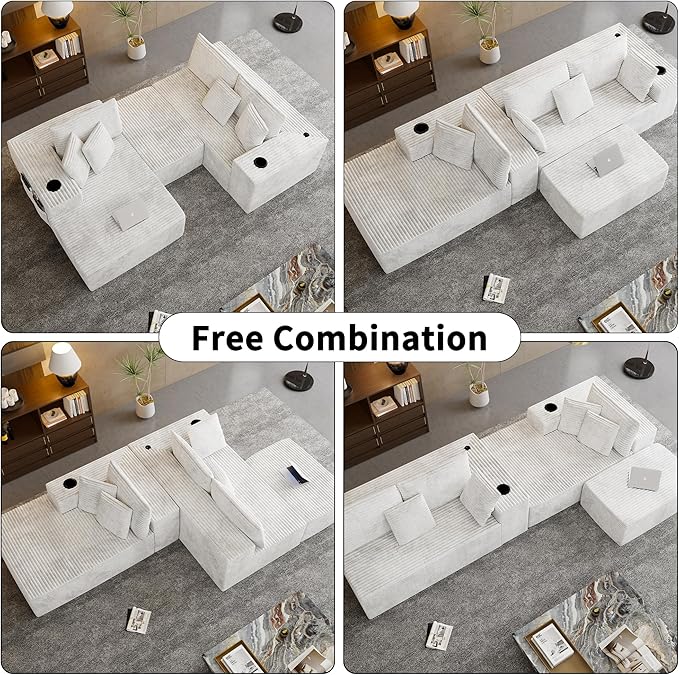 104.3 Modular Sectional Sofa with Ottoman Beige Boneless Couch Left Facing Chaise U Shaped Couches with USB Ports 2 Cup Holders 2 Storage Bags &amp Lint Remover No Assembly Sectional Couch