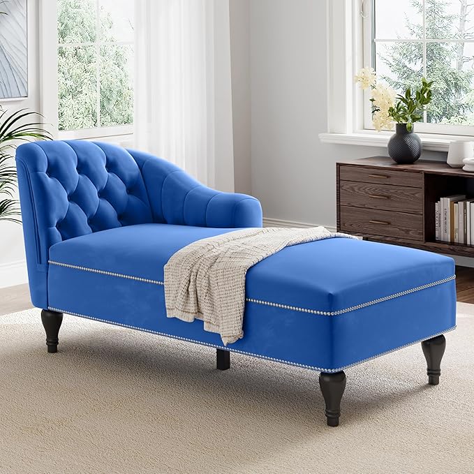 Velvet Upholstered Sofa Chaise Loungers 58 Chaise Lounge with Nailhead Trim and Solid Wood Legs Button Tufted Right Arm Facing Lounge Chair for Living Room Sleeper Lounge Sofa