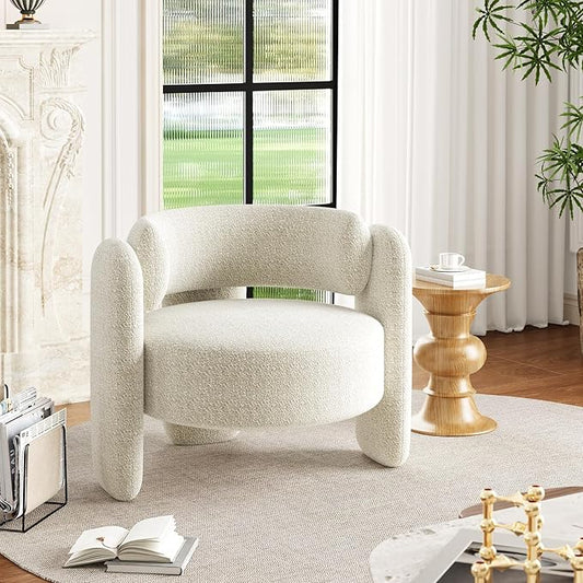 Cozy Oversized Barrel Accent Chair in Modern Mid-Century Boucle Chair Fabric Round Open Back Lounge Armchair for Reading Corner Bedroom Living Room and Apatment Decor Cream White
