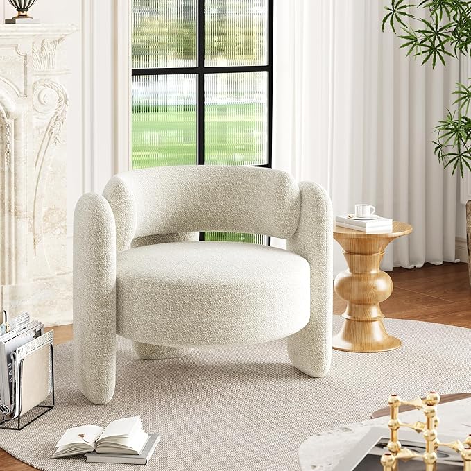 Oversized Chenille Armchair Modern Barrel Accent Chair Upholstered Mid-Century Round Chair With Open Back Single Sofa Extra Large Reading Club Chair for Living Room Bedroom and Apartment White