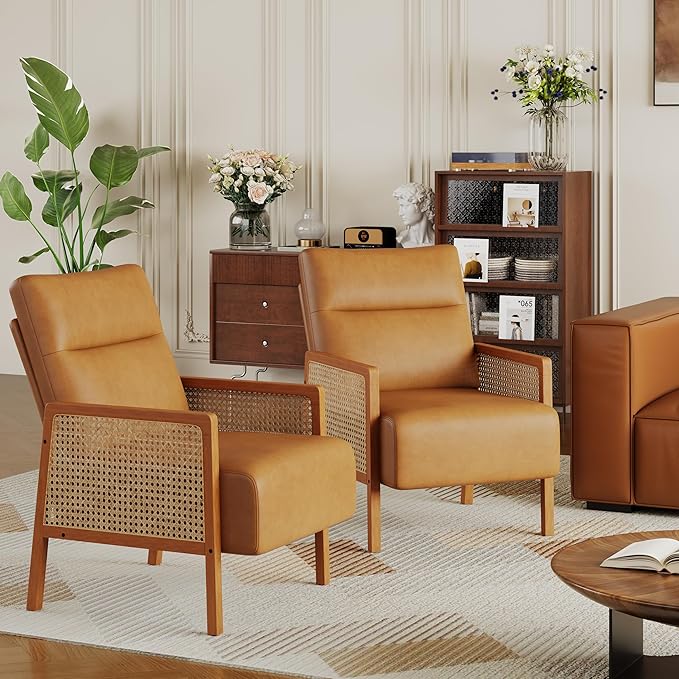Andeworld Brown Accent Chairs Set of 2Upholstered Modern Living Room Chairs with Natural Rattan Arm Faux Leather Arm Chairs for Bedroom Club Balcony Reception
