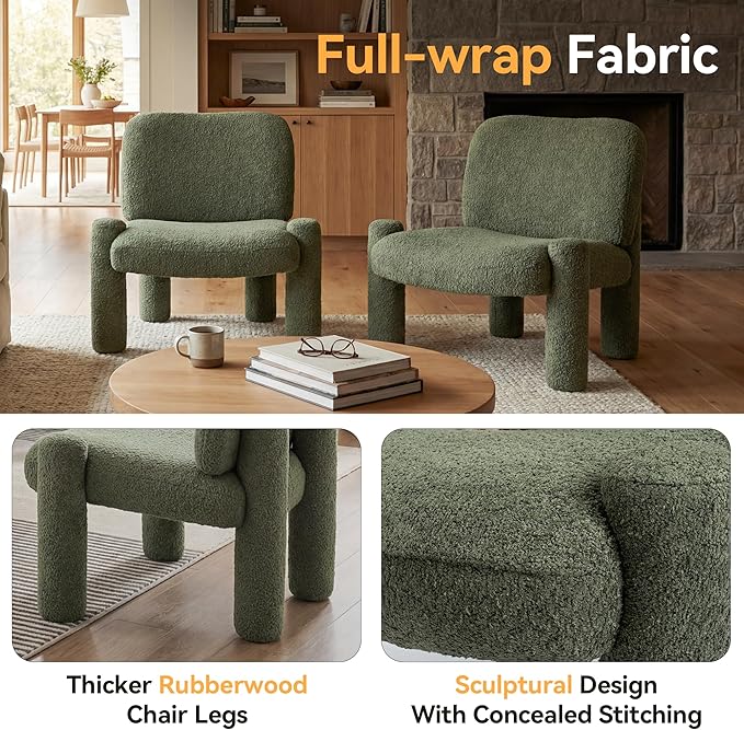 HNY Modern Accent Living Room Chairs Set of 2 Green Boucle Reading Chair Armless Lounge Chair Comfy Barrel Chair Sherpa Cloud Chair with Wood Frame for Living Room Small Spaces Bedroom Apartment