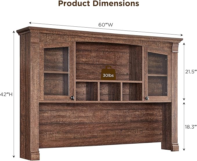OKD Farmhouse Hutch for 60 Executive Desk Office Desk Storage Cabinet with Glass Doors and Shelves Top Hutch Organizer for Home Office - Reclaimed Barnwood