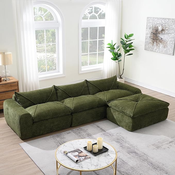 116'' Oversized Modular Sofa Fully Compressed 4 Seat Spacious Foam-Filled Sofa Bed for Living Room Free Combination Friendly Design L-Shaped Comfy Couches No Assembly Required (Green-QJ88)