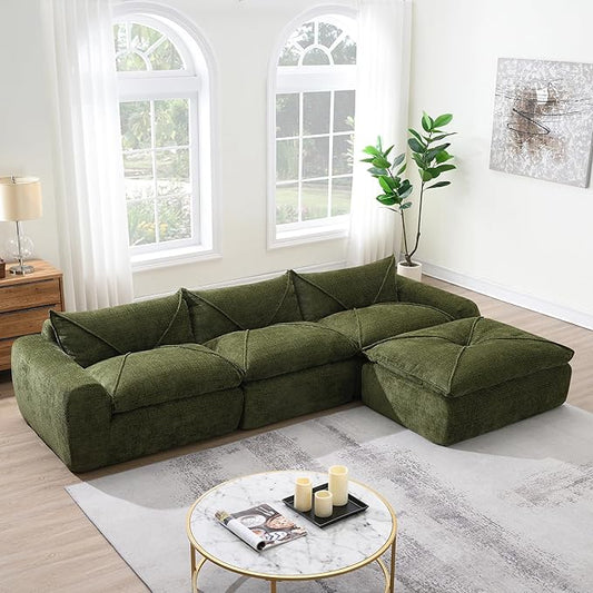 116'' Oversized Modular Sofa Fully Compressed 4 Seat Spacious Foam-Filled Sofa Bed for Living Room Free Combination Friendly Design L-Shaped Comfy Couches No Assembly Required (Green-QJ88)