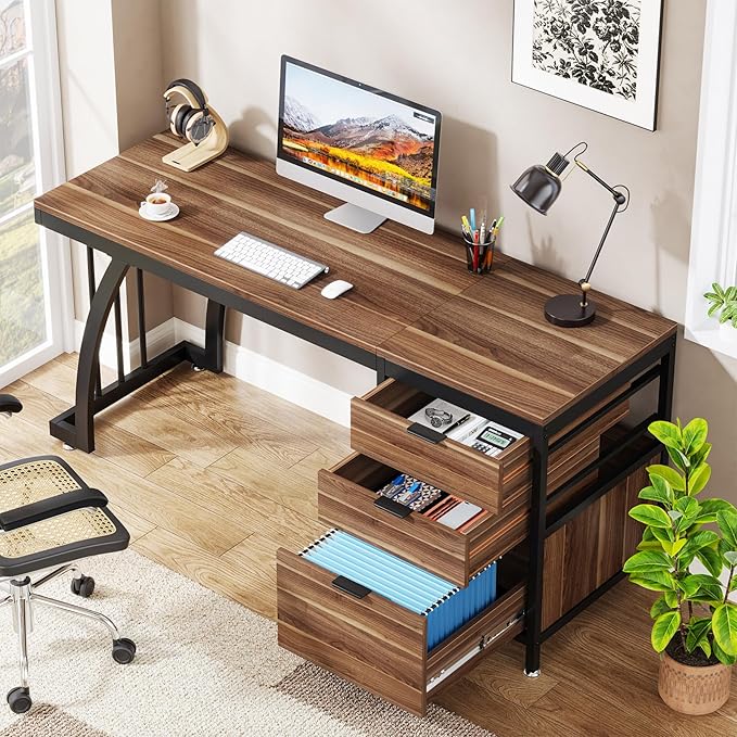 Tribesigns 59 Inch Computer Desk with 3 Drawers Industrial PC Desk Study Writing Table Workstation with File Storage Home Office Desks with Large Desktop and Metal Frame (Walnut)