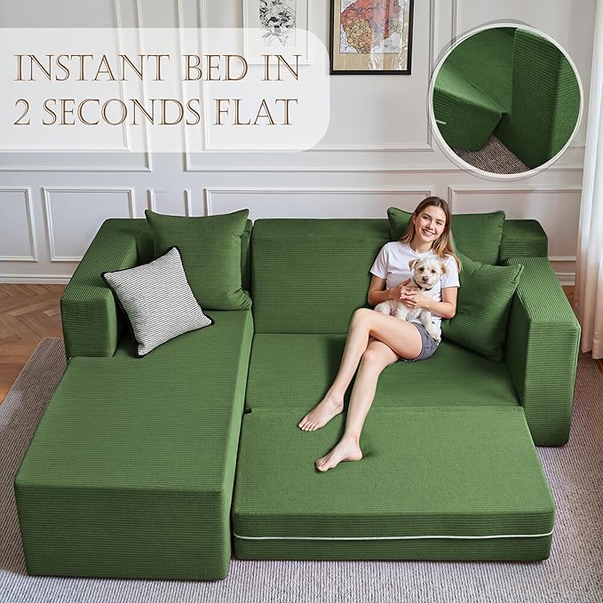 YINIX 106 Modular Sectional Sofa Modern Cloud Couch with L-Shape Chaise Upholstered Boneless Couches with Deep Seat Comfy Corduroy Sofa for Living Room Bedroom No Assembly (Green)
