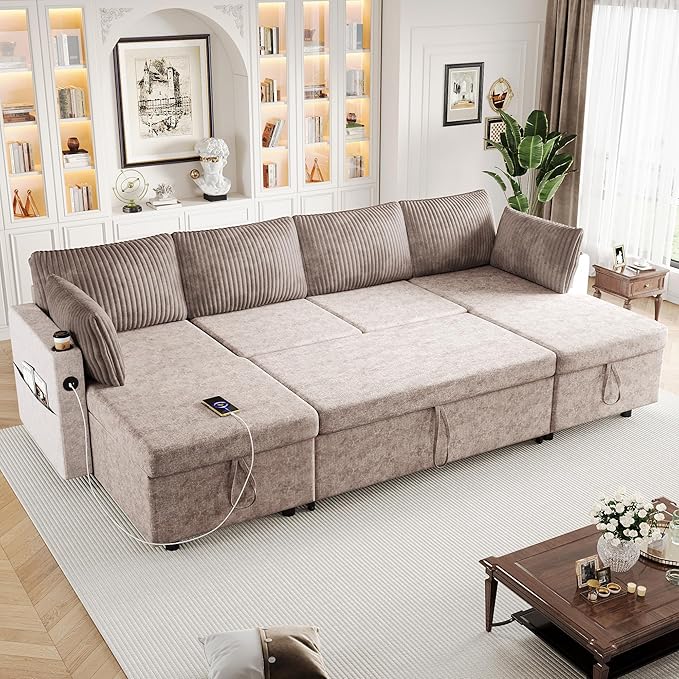 Merax Pull-Out Sofa Bed Sleeper Pull Out Sectional Couch with Storage USB Cup Holder for Apartment Living Room Brown