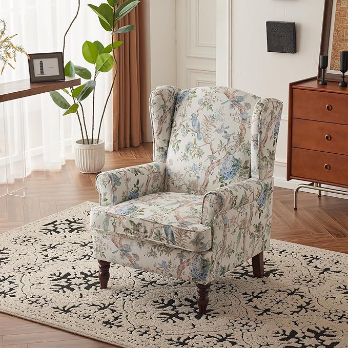 MELLCOM Floral Accent Chair High Back Upholstered Armchair with Solid Legs Leisure Single Sofa Chair for Living Room Bedroom Home Office Light Blue Floral&ampBird
