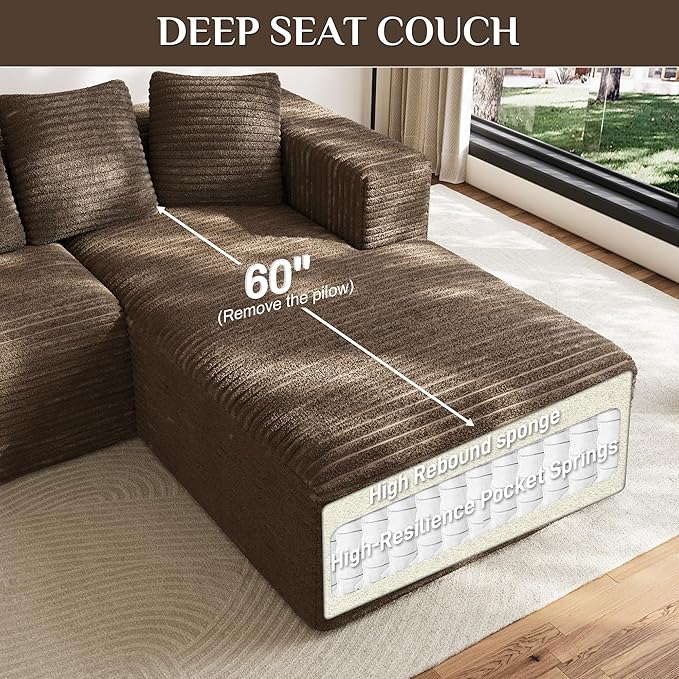 Modular Sectional Sofa 107 L Shaped Cloud Couch Plush Corduroy Deep Seat Boneless Sofas with 5 Pillows Long Chaise Lounge Couches Memory Foam for Living Room - Brown Right Facing Chaise
