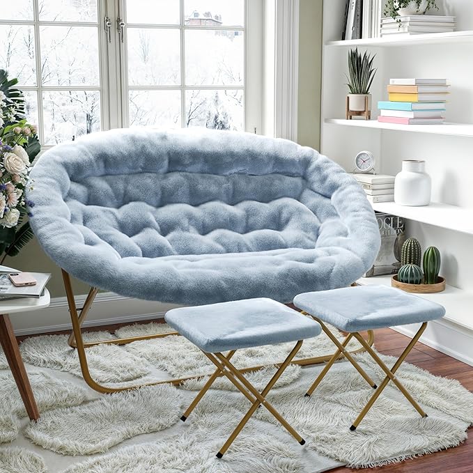 Flash Furniture Eleanor Portable Double Saucer Chair with 2 Ottomans Folding Steel Frames for Dorm or Bedroom 56 Dusty Aqua Faux Fur/Soft Gold Frame