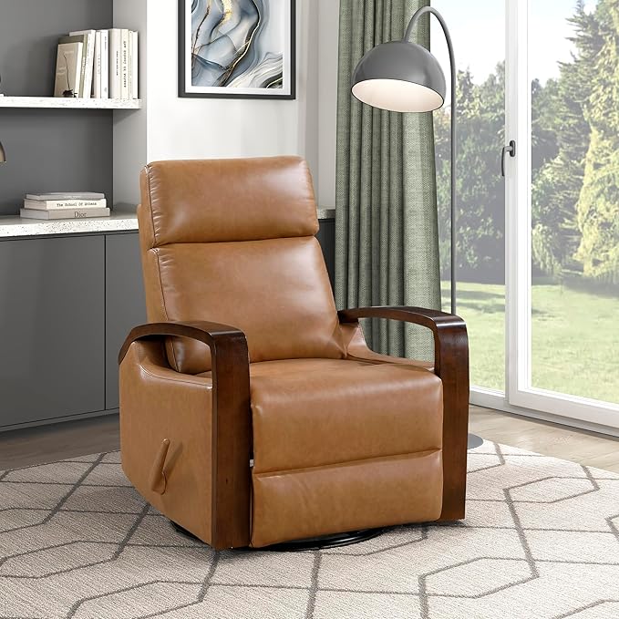 Lexicon 360 Degree Swivel Glider Reclining Chair Breathable Faux Leather Manual Recliner Comfy Nursery Glider Recliner Wood Arms Pull Handle for Living Room/Office/Bedroom/Apartment Camel Brown