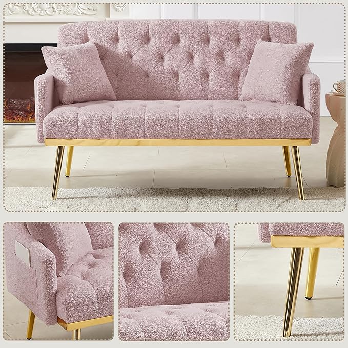 Small Loveseat Sofa Modern 2 Seater Teddy Fabric Small Sofa Couch with Gold Metal Legs and 2 Pillows for Living Room (Pink Teddy Fabric)