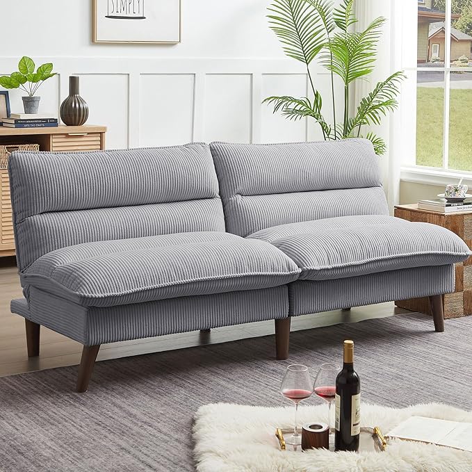 72 Futon Sofa Bed Convertible Futon Couch with Adjustable Backrest Modern Corduroy Sleeper Sofa for Small Spaces Living Room Office Light Grey