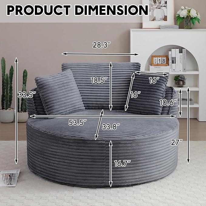 Oversized Round Chair Lounge Chaise Indoor 53.5 Corduroy Boneless Round Chair Fluffy Single Deep Seat Cloud Sofa Chairs Modern Circle Chaise Lounge for Bedroom Living Room Dark Grey